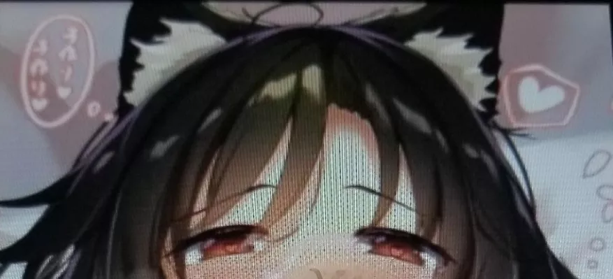 LF Color Source: 1girl, heart shape, black hair, cat ear,ls, white fur in ears, dialogue box, foreign text, Japanese text, red eyes, frowning eyebrows