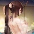 LF Color Source: 1girl, horns, hand on own chest, hand on own hair, smoke, fog, onsen(?), Long hair