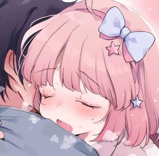 LF Color source: 1girl, hug, closed eyes, short hair, hair ribbon, blue ribbon, hair ornaments, sweat, blush