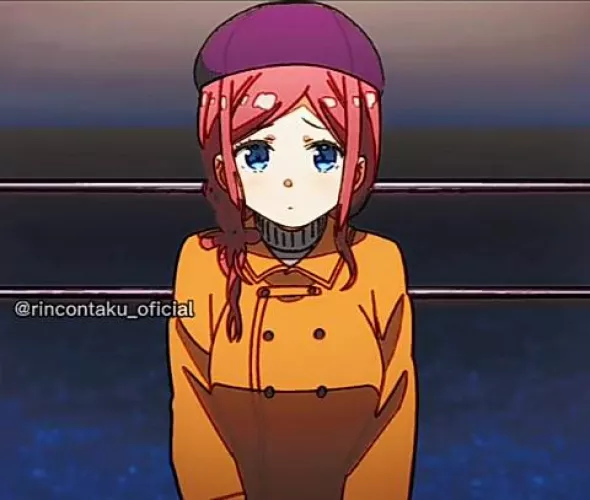 LF Color Source: 1girl, jacket, red hair, blue eyes, hat, large breasts, purple hat, yellow jacket, blush, looking at viewer