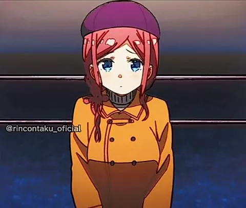 LF Color Source: 1girl, jacket, red hair, blue eyes, hat, large breasts, purple hat, yellow jacket, blush, looking at viewer