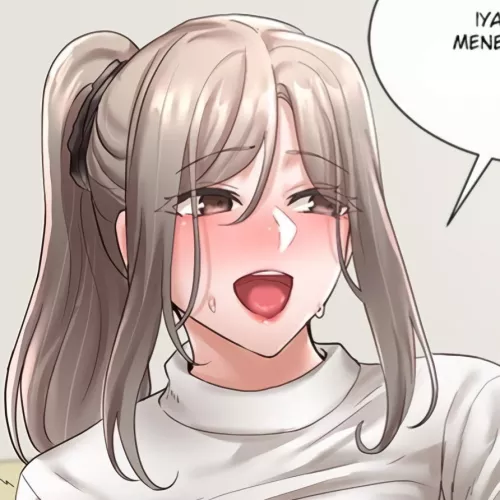 LF Color Source: 1girl, open mouth, brown eyes, blushing, vanilla colored long hair, ponytail with bangs, sweater