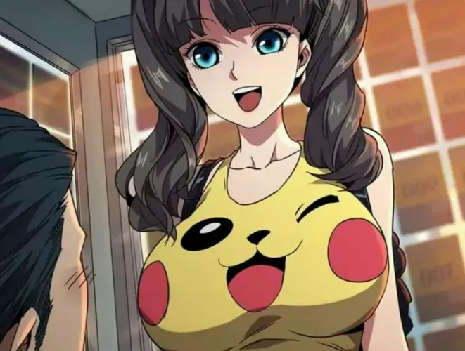LF color source: 1girl, pikachu shirt, black hair,pig tail, panting, smile