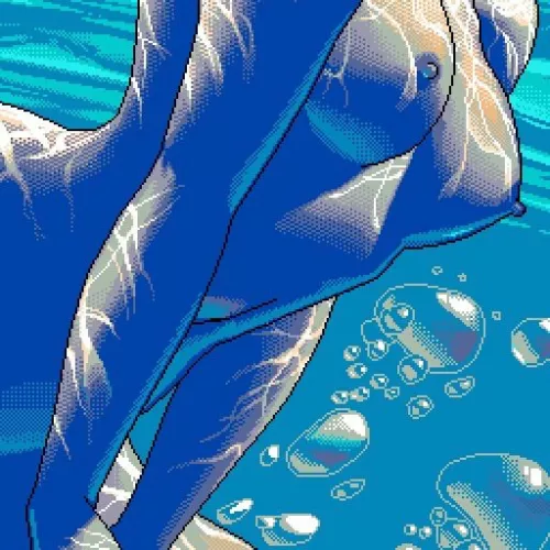 LF Color Source: 1girl, pixel art, underwater, submerged, small/medium breasts/boobs, nipples, navel, stomach, arms at side, bubbles, water, blue theme, reflection, head out of frame, from side, nude, solo