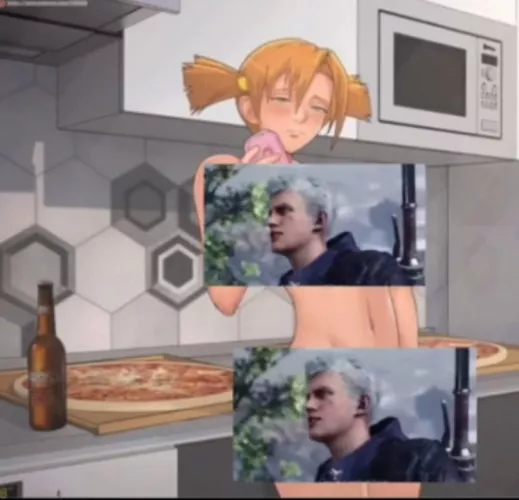 LF color source: 1girl, pizza, blush, nude, looking at viewer, phone, orange hair, short hair, indoors, bottle, kitchen, legs together, holding phone, hair between eyes, hair ornament, yellow eyes, meme, hand up.