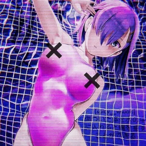 LF color source: 1girl, re-zero, rem, x, cross, short hair, swimsuit, hair cover eye, behind back, blue background