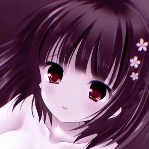 LF Color source: 1girl, short hair, nude, 3 flower ornaments. red eyes, indoors, straight hair, sad face