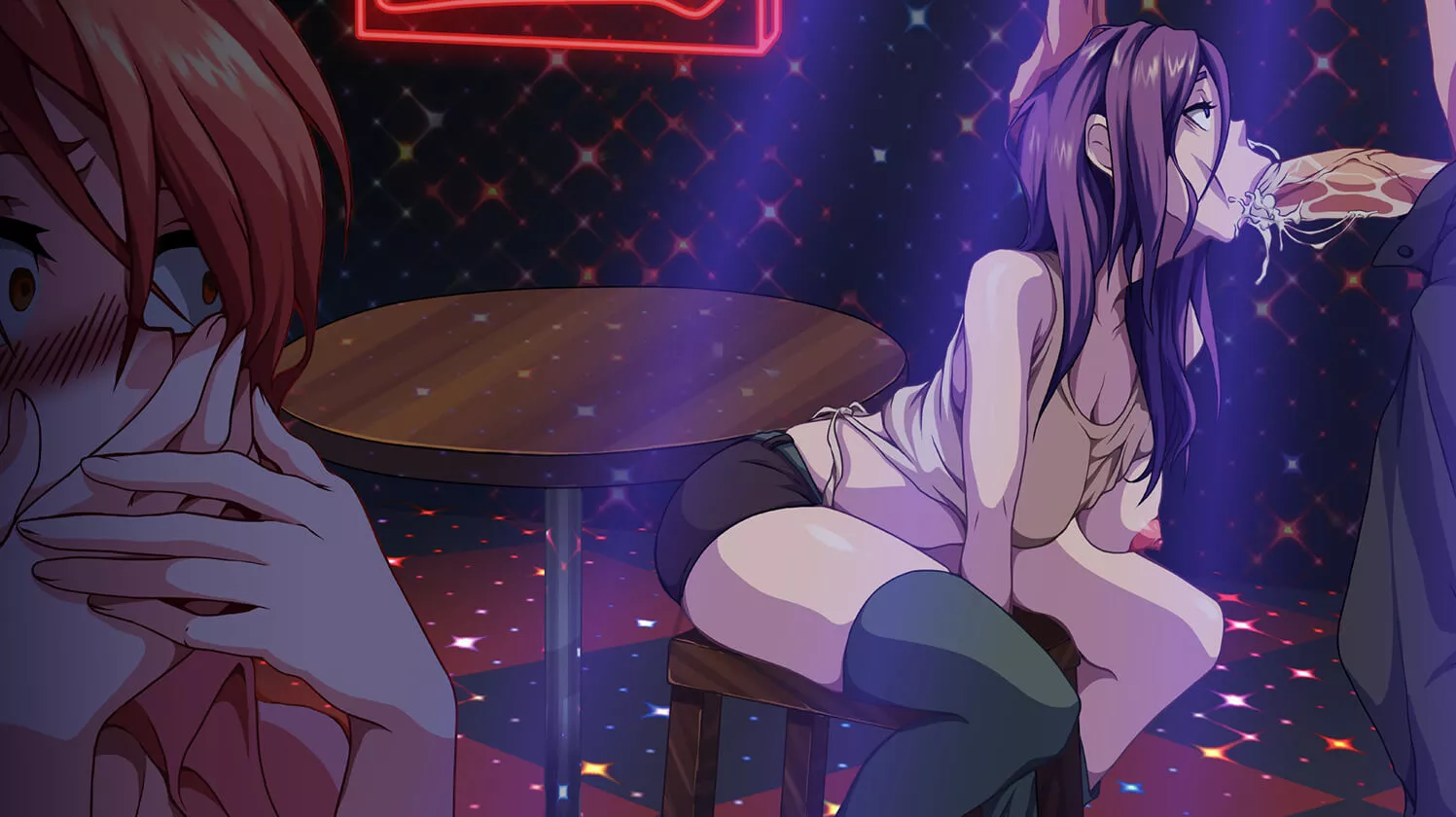 LF Color Source: 2girl, blowjob, surprise, bar, purple hair, red hair