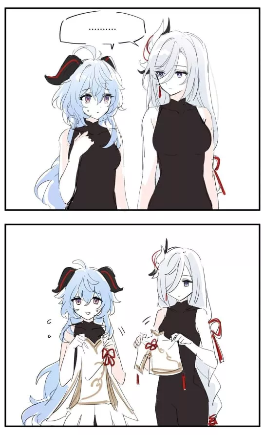 LF Color Source: 2girls, blue hair, white hair, purple eyes, horns, nervous, spandex, dress, genshin impact, ganyu