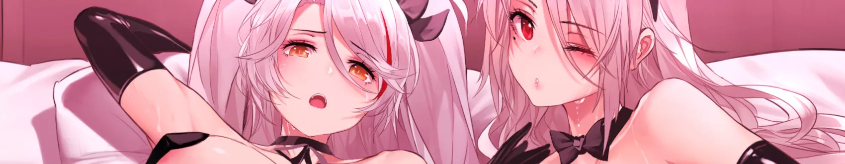 LF color source: 2girls, crop, faces, mouth open, long hair, pillow, sweat, silver hair, white hair, bow tie, one eye closed, red eyes, orange eyes, hair ribbon, gloves