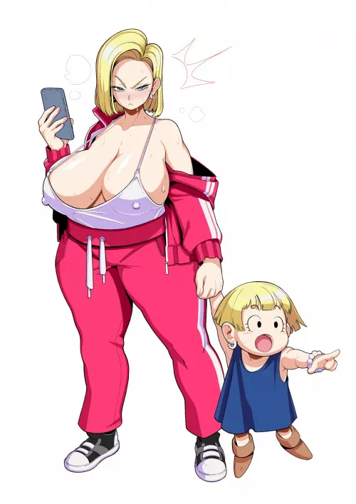 LF Color Source: 2girls, red tracksuit, blonde, huge breasts, android 18, white shirt, cleavage, blue eyes, blushing, striped, short hair, phone, earrings, dragon ball, angry, black shoes, holding hands