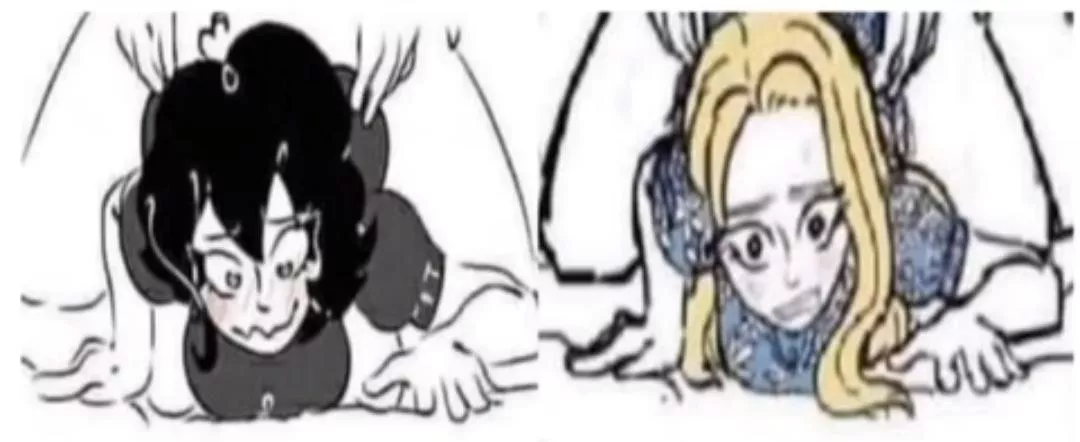 LF Color Source: 2girls, wojak, doggy style, blushing, embarrased, long hair