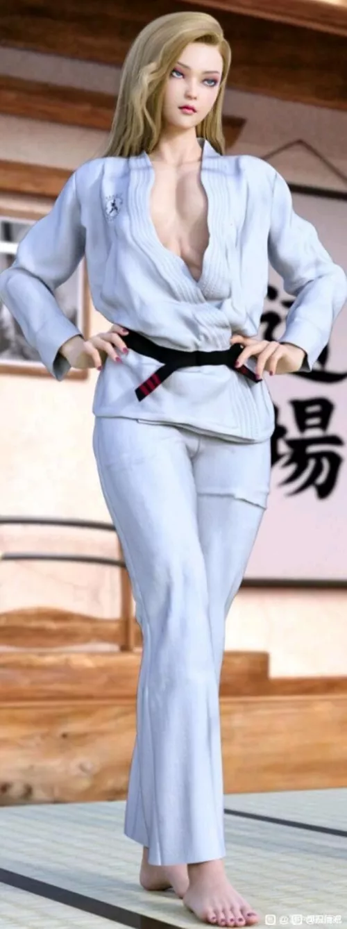 LF Color Source: 3d, 1girl, Blonde, judo kimono, long hair, bare feet, dojo