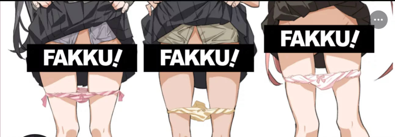 LF Color Source: 3Girls, Censored, Long Hair, Lower Body, Panties, Skirt Lift, School Dress, Black Skirts, Text: FAKKU!