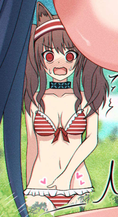 LF Color Source: Angelina, arknights, red eyes, brown hair, masturbation, blushing, swimsuit, stripes