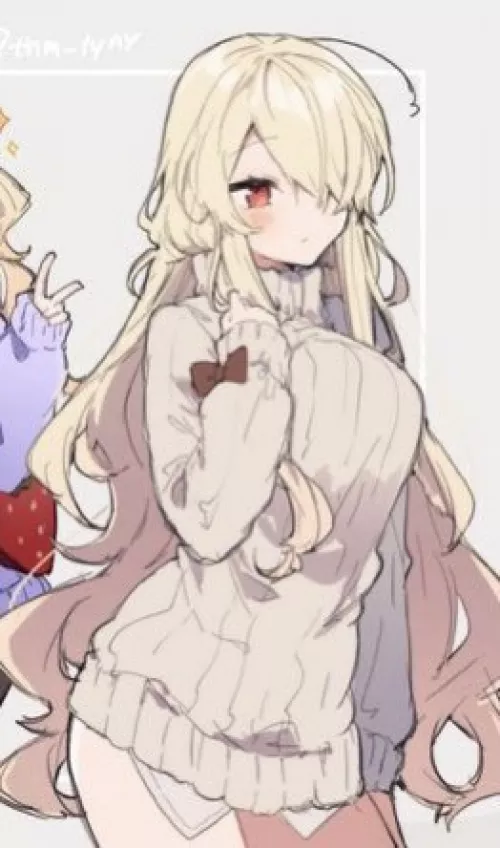 LF Color Source: Blonde Hair, Sweater, Red Eye, Long Hair, White Under Dresshirt, Hair Covering Left Eye, Ahoge, Bow on Wrist, Background Character with Purple Sweater and Heart