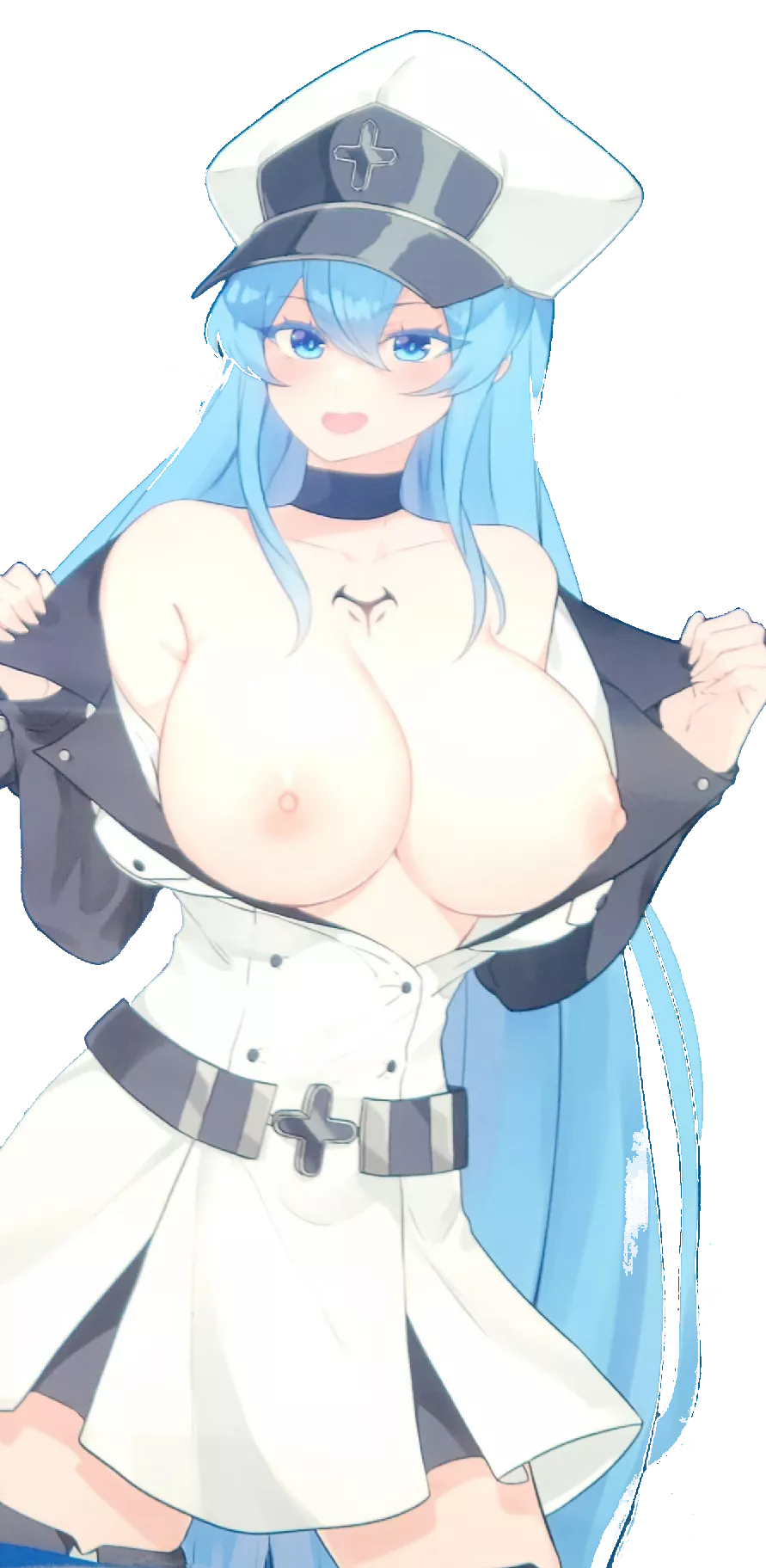 LF Color source : blue hair, big breasts, white skirt, long hair, topless, undressing, hat