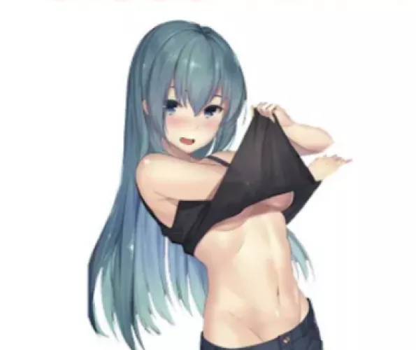 LF Color Source, Blue hair, strip, athletic, 1girl, cleavage, blue eyes, blush, YouTube thumbnail