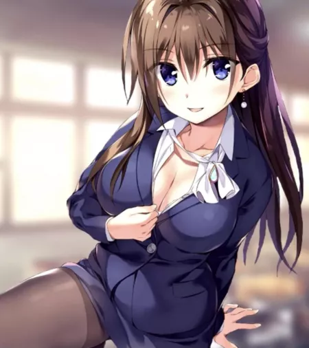 LF Color Source: Classroom, Brown Hair, Blue Eyes, 1girl, Open Top, Cleavage, Uniform, Pendant, Teasing