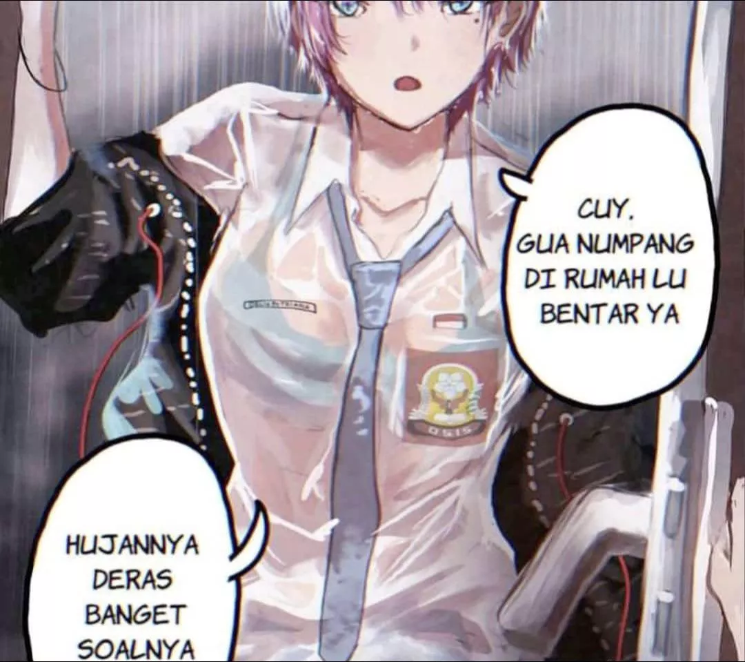 LF Color Source: “Cuy. gua numpang di rumah lu bentar ya”, “hujannya deras banget soalnya”, 1girl, pink hair, short hair, blue eyes, beauty mark, mole under eye, jacket, school uniform, indonesian text, wet clothes, looking at viewer, rain, open 