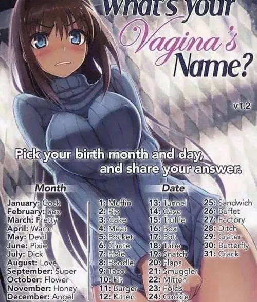 LF Color Source: dark skin, meme, sweater, blue eyes, blushing, “What your Vagina’s Name? Pick your birth month and day and share your answer.”