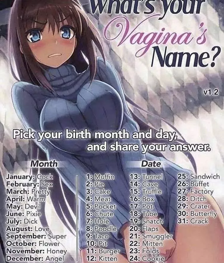 LF Color Source: dark skin, meme, sweater, blue eyes, blushing, “What your Vagina’s Name? Pick your birth month and day and share your answer.”