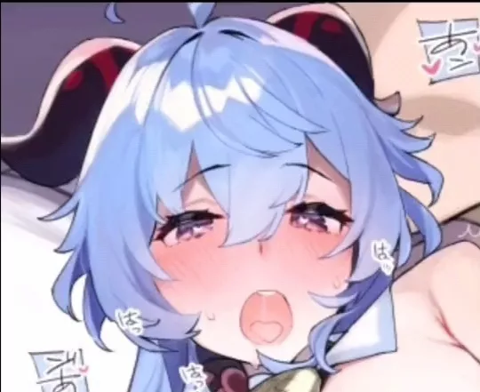 LF color source: horns, 1girl, blue hair, pink eyes, heart-shaped pupils, eyebrows visible through hair, looking at viewer, open mouth, saliva, drooling, blush, tongue, bare shoulders, large breasts, short hair, sweat, trembling, ganyu, foreign text.