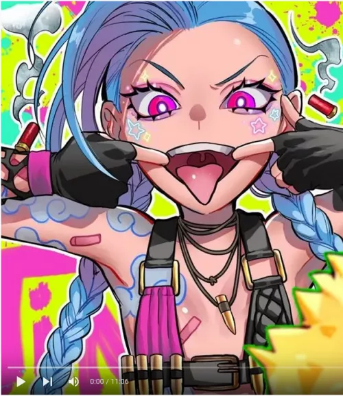 LF color source: Jinx (league of legends), 1girl, flat chested, open mouth, mouth held open, teeth, black gloves, fingerless gloves, tattoos, yt/youtube thumbnail