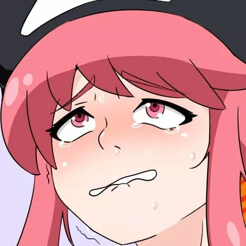 LF Color Source: pink hair, pink eyes, lip bite, tears, sweat drop, blush