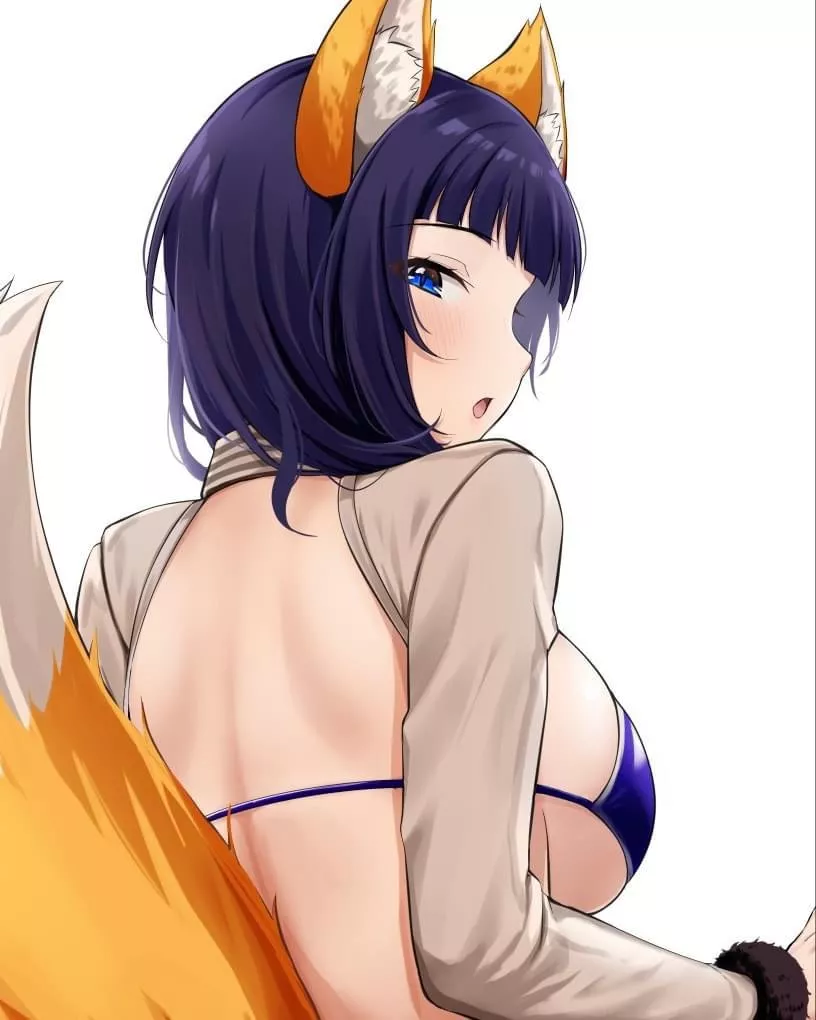 LF Color Source: Purple hair, purple bra, blue eyes, tail, ears, exposed back, big breasts