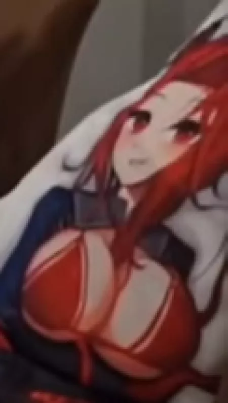 LF Color Source: red hair, red eyes, red bikini, bikini, body pillow, smiling, blushing, look at viewer