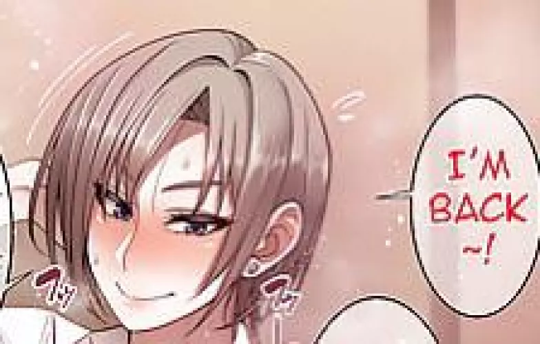 LF Color Source: Short Hair, Blushing, Red Text “I’M BACK~!” , Purple Eyes, Unique Pupils, Sweating, Foreign Text “へッ” , Earrings, Posing