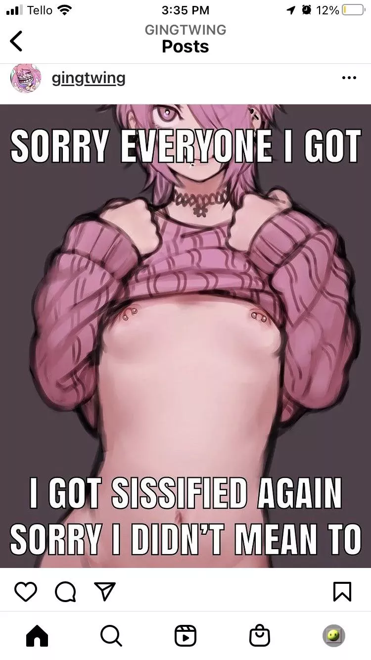 LF Color Source, “Sorry everyone I got I got sissified again sorry I didn’t mean to”, looking up, choker, pink sweater, pink eyes, pink hair, femboy, nipple piercings, small breasts, lip piercing