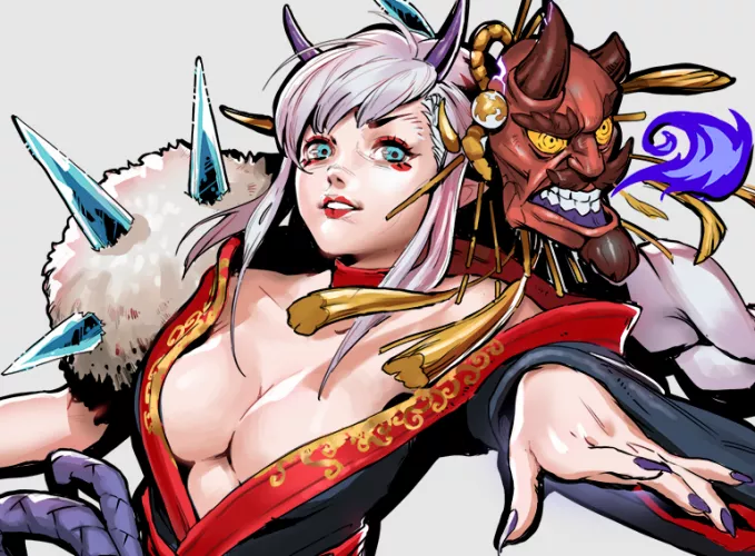 LF Color Source: white hair, 1girl, demon(?), purple nails, blue eyes, looking at viewer, robe, smiling, cleavage