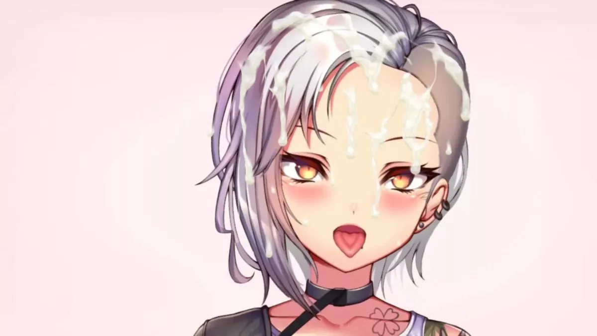 LF Color Source: White hair, Punk Female Hairstyle, Cum on Face, Cum on hair, Blush, Open mouth, Tongue out, Choker, Fair skin
