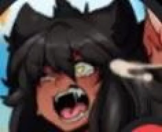 LF Color Source: yellow eyes, animal ears, black hair, mouth open, 1girl, fangs, dark skin, blushing, heart-shaped pupils,