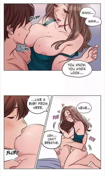 LF Color Source: “you know AHHH…. MMMM” “you know, you kinda look….” “like a baby from here,” “hehe” “ugh… can’t breathe”, 1boy , 1girl , naked apron, breast sucking