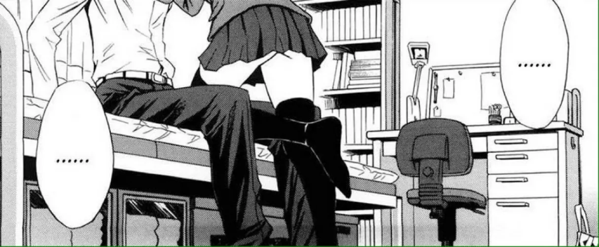 LF Mono Source: 1boy, 1girl, lean over, tights, short skirt, school uniform, thighs, suit, sitting on bed, bookshelf, desk, chair, ......, ......