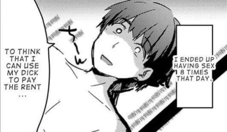 lf mono source; 1boy, exhausted, I ended up having sex 8 times that day. , To think that I can use my dick to pay rent...