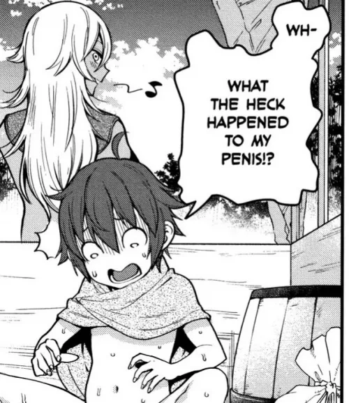 LF Mono Source: 1Girl, 1Boy, Ahoge, Bangs, Blush, Cape, Medium Hair, Kogal, Humming, Sidelocks, Smiling, Shocked Expression, Sweat, Text: Wh-What The Heck Happened To My Penis!?