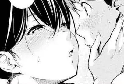 LF Mono Source: 1girl, 1boy, black hair, hand on face, blushing, sweat, puckered lips