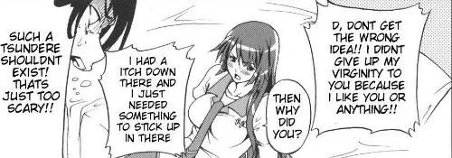 LF mono source: 1girl, 1boy, “D, DONT GET THE WRONG IDEA!! I DIDNT GIVE UP MY VIRGINITY TO YOU BECAUSE I LIKE YOU OR ANYTHING!!”, “THEN WHY DID YOU?”, “I HAD A ITCH DOWN THERE AND JUST NEEDED SOMETHING TO STICK UP IN THERE”, “SUCH A TSUNDER