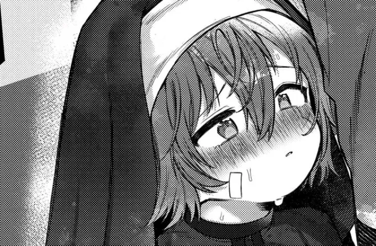 LF Mono Source: 1girl, 1boy, nun, hair between eyes, looking up, from side, face, upper body, blush, bandaid/bandage on cheek, sweat, half-closed eyes, short/medium hair, eyebrows visible through hair, out of frame