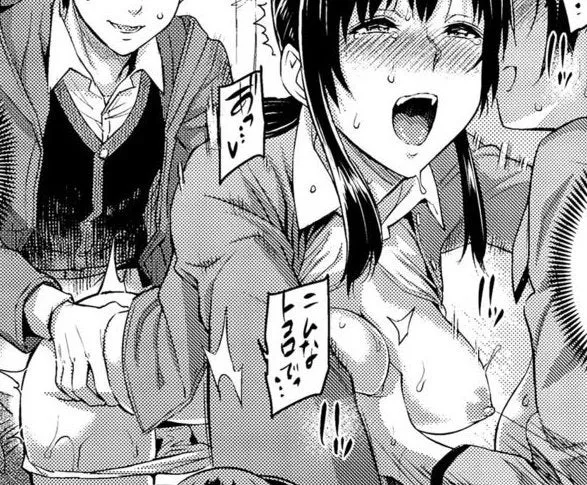 LF Mono Source: 1girl, 2boys, from behind, japanese text, black hair, long hair, blushing, sweating, breasts grab, torso grab, threesome, school uniform, but breasts, sex, open mouth, crying, tears, open eyes, standing, doggystyle, panty pull