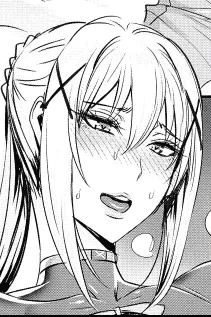 LF Mono Source: 1girl, ahegao face, open mouth, tongue out, blushing, sweating, ponytail with bangs, darkness from konosuba, slave collar