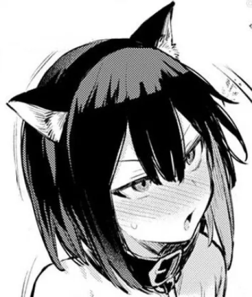 LF Mono Source: 1girl, animal ears/kemonomimi, bangs, bare shoulders, belt collar, black hair, blush, cat ears/nekomimi, close up, face, fake animal ears, hair between eyes, hairband, leash, looking at another out of frame, open mouth, short/medium hair,