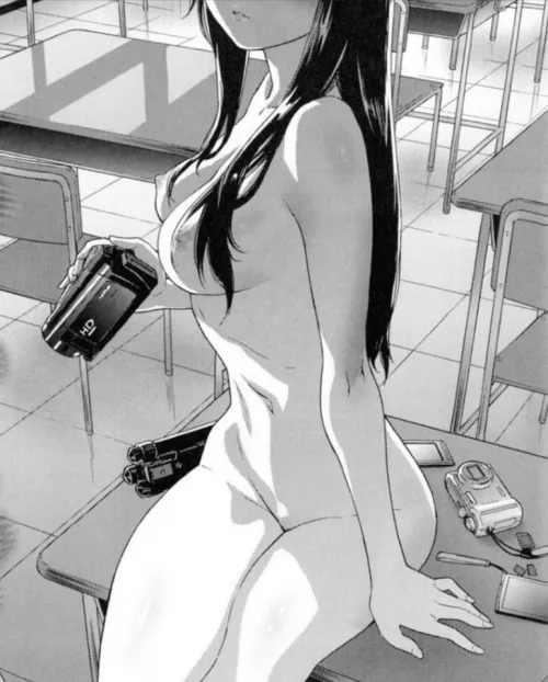 LF Mono Source: 1girl, black hair, camera, chair, classroom, desk, hair over shoulder, head out of frame, holding camera, long hair, medium breasts, nude/naked, parted lips, phone, sitting on desk, smartphone, tripod