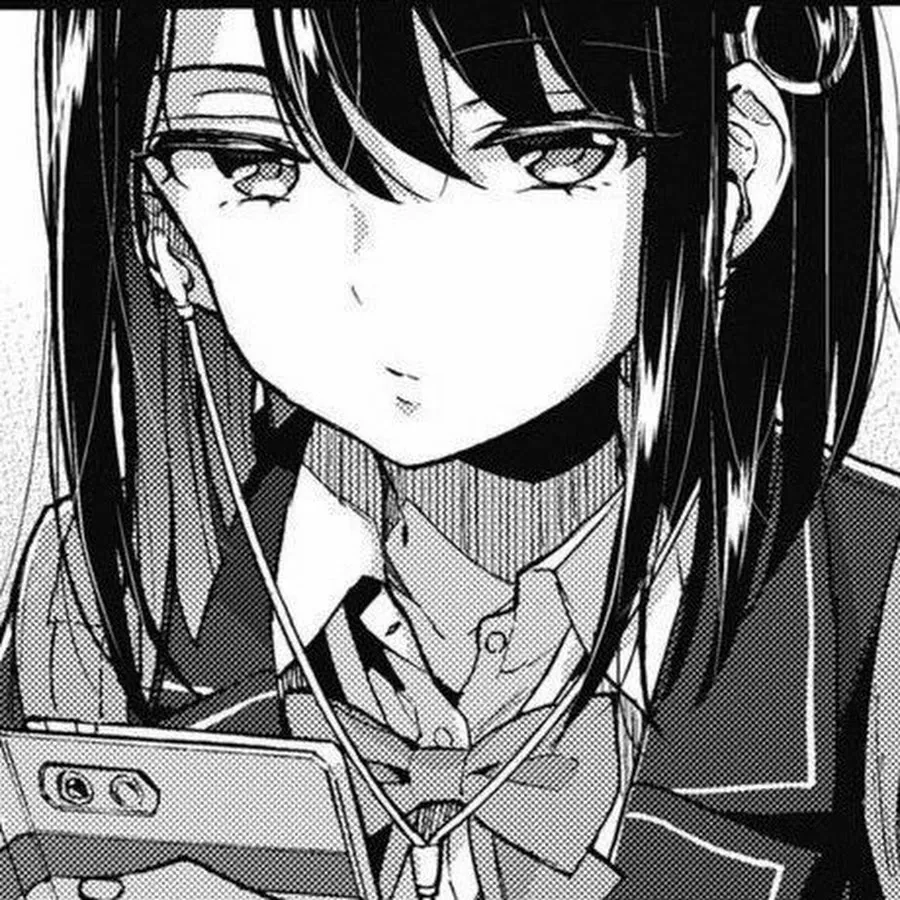 LF Mono Source: 1girl, black hair, hairclip/hair clip, hair between eyes, staring, collared shirt, school uniform, shoulder straps, neck ribbon/bow, earphones/earbuds, cellphone/mobile phone