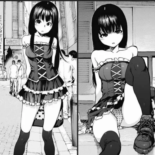 LF Mono Source: 1girl, black hair, long hair, skirt, panties, polka dot, thighhigh, spread legs