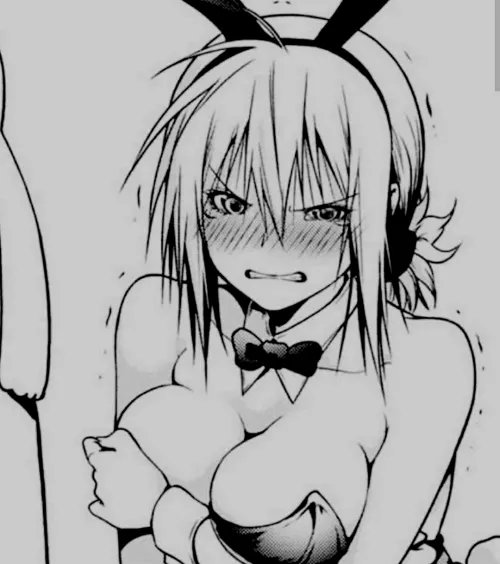 LF Mono Source: 1girl, Blush, Bunny ears, Bunny girl, Embarrassed, Hand on breast, Eyebrows visible through hair